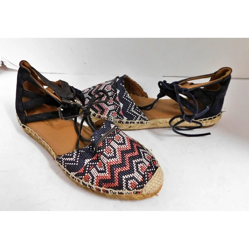 AQUAZZURA Belgravia Blue Suede Raffia Embroidered Woven Espadrilles sz 37